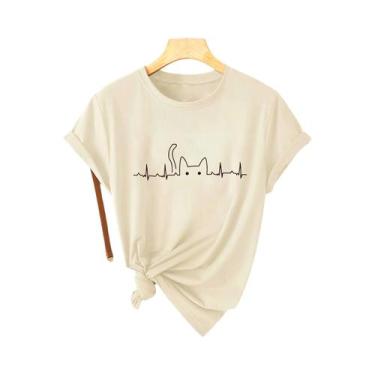 Imagem de Camiseta Feminina Branca Com Gato, Camisa Casual Minimalista Com Arte 