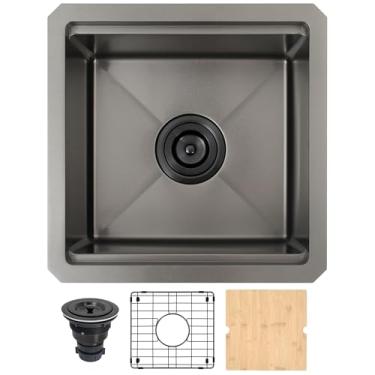 Imagem de MONSINTA Pia de bar, pia de cozinha preta de 38 cm x 38 x 25 cm, pia de cozinha pequena e profunda para bar e trailer, pias de aço inoxidável de calibre 16 com acessórios pretos