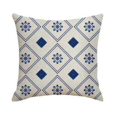 Imagem de Capa De Almofada De Linho E Algodão Com Estampa Cerâmica Azul E Branca