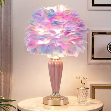 Imagem de ZYLEISENBAO Zyleiesenbao Abajur De Penas Coloridas Abajur De Mesa Fofo Abajur De Cabeceira Peludo Luzes Românticas De Princesa Luz Noturna De Penas De Ganso Para Decoração De Quarto Casamento Dia Do