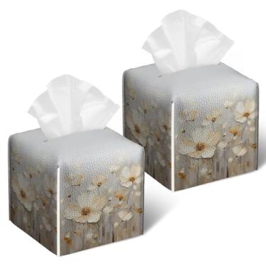 Imagem de Capa de caixa de lenços de papoula branca, 2 peças, suporte de caixa de lenços de couro floral de flor, caixa de papel facial quadrada, organizador de cubos para banheiro, quarto, mesa, escritório
