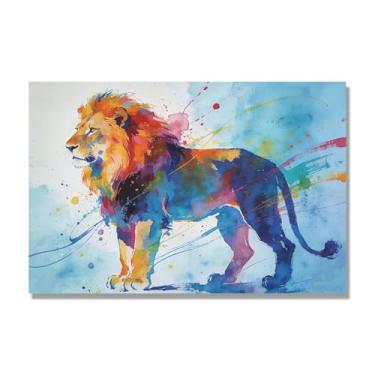 Imagem de NHLDZYH Pintura de leão colorida, impressão de arte abstrata vibrante, decoração de parede de animais selvagens e enérgicos, tela contemporânea moderna para quarto, academia, quarto de crianças. A77