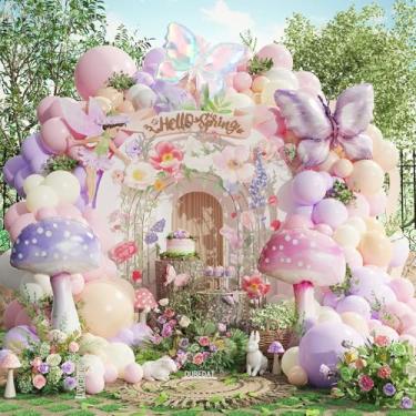 Imagem de Kit de guirlanda de arco de balão pastel, 146 peças, rosa, roxo, nude, branco, cogumelo, buttefly, balões, para meninas, conto de fadas, primavera, jardim, chá, festa, chá de bebê