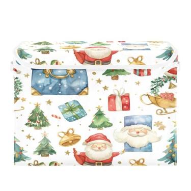 Imagem de SEHANY Linda caixa de armazenamento de Papai Noel de Natal com tampas e alças, organizador de cestas de armazenamento de tecido dobrável, caixas de armazenamento de cubos grandes para roupas, cobertor