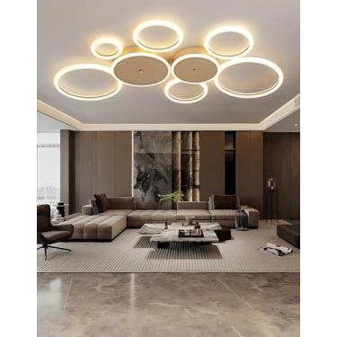 Imagem de Luminária de teto LED moderna, dimerizável, com controle remoto, design de anéis redondos, em acrílico, para sala de estar, quarto, sala de jantar e cozinha (Dourada, 8 anéis)