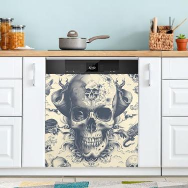 Imagem de xigua Capa magnética para lava-louças caveiras e rosas, adesivos magnéticos decorativos antiarranhões para painel de geladeira e lava-louças, decoração personalizada de cozinha doméstica 58 x 66 cm