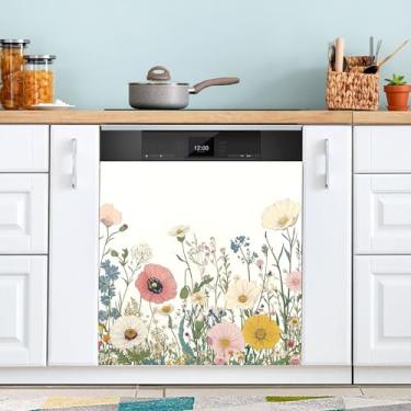 Imagem de SEHANY Capa magnética colorida de campo silvestre para lava-louças, adesivos magnéticos decorativos antiarranhões para painel de geladeira e lava-louças, decoração de flores de fazenda de cozinha