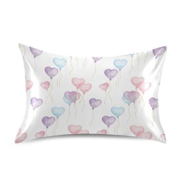 Imagem de Wassud Fronha de cetim para cabelo e pele com balões de coração para o dia dos namorados capas de almofada respiráveis tamanho padrão com fecho de envelope