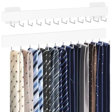Imagem de HOMEBROS Suporte de parede para gravata, cabide adesivo de madeira para armário com 24 ganchos de metal, grande capacidade, 2 opções de instalação, branco, 2 peças