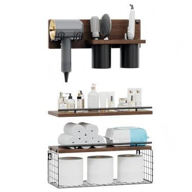 Imagem de RoleDes Conjunto de 3 prateleiras flutuantes para banheiro, prateleira de parede de banheiro com suporte para secador de cabelo e organizador de ferramentas de cabelo, prateleiras flutuantes acima do