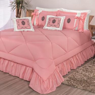 Imagem de Kit Cobre Leito Casal King Esplendore Bordado 7 Peças - Salmão - Borda