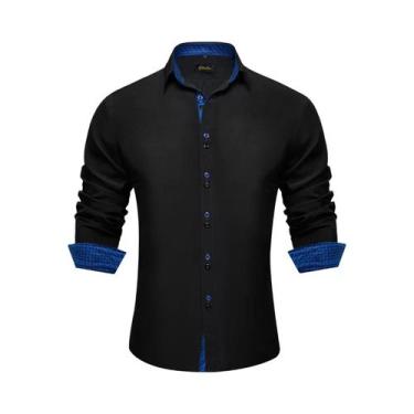 Imagem de Camisa Masculina De Manga Longa Em Poliéster E Algodão Preta Com Estam