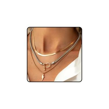 Imagem de LANWLOSI Colar de dois tons para mulheres moderno mosquetão dourado colar náutico aço inoxidável misturado colar de metal com renda corrente de trigo gargantilha acessórios de joias diárias, Zinco