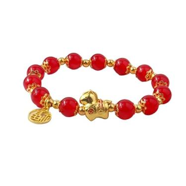 Imagem de QRH Pulseiras de pedra natural do ano novo chinês do cavalo multicoloridas com contas de cavalo pulseira elástica ouro cavalos do zodíaco boa sorte amuleto bênção de ano novo presentes, Stretchy Size