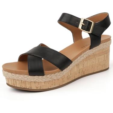 Imagem de WONDERWAY Sandália feminina de bico aberto, alpargatas, plataforma, com tira elástica no tornozelo, elegante e confortável, Preto, 38