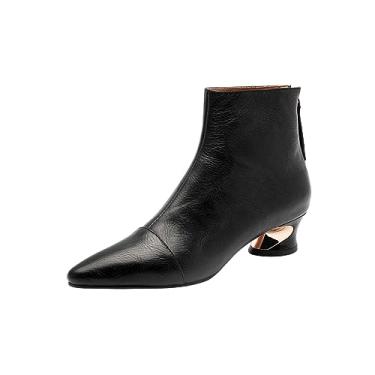 Imagem de TinaCus Bota feminina de couro legítimo Creped bico fino feito à mão salto baixo com zíper nas costas, Preto, 38