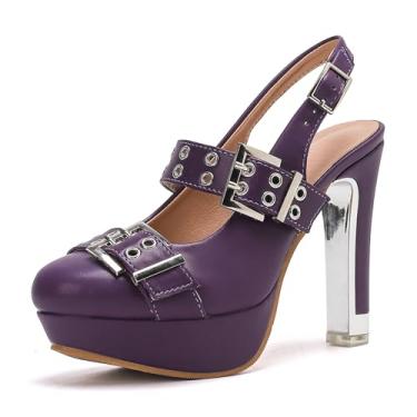 Imagem de GETMOREBEAUTY Sandália feminina com fivela e tira nas costas, salto alto grosso, bico fechado, plataforma, sapatos de formatura, Roxo - S, 37