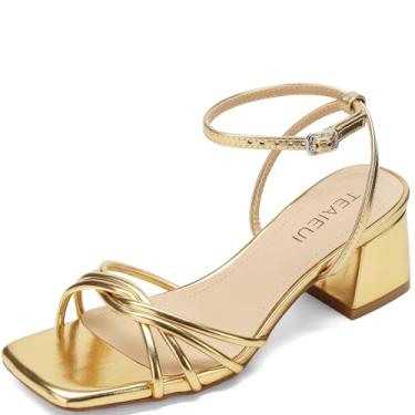 Imagem de TEAIEUI Sandálias femininas de salto alto com tiras quadradas, bico aberto, salto grosso, tira no tornozelo, casamento, festa de formatura, formatura, Dourado, 35
