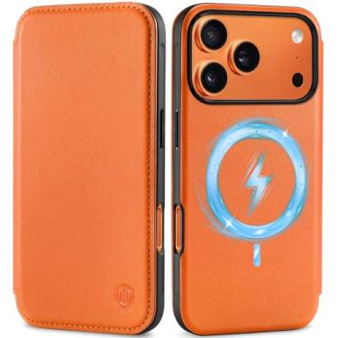 Imagem de SHIELDON Capa carteira fina para iPhone 17 Pro 6,3 polegadas 2025 | couro legítimo, carregamento sem fio, fecho magnético fólio, porta-cartão de crédito com bloqueio RFID, capa de telefone à prova de