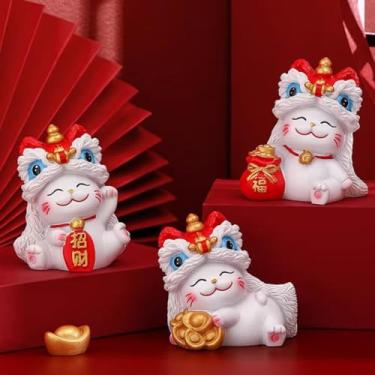 Imagem de FENNYYAR 3 peças de resina estilo chinês dança leão lindo gato fortuna ornamento 7,5 cm 7,6 cm, decoração de mesa de carro