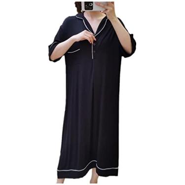 Imagem de 3FLQOOPP Blusa de dormir feminina manga curta plus size roupa solta para casa com bolso roupa de dormir plus size (preto grande)