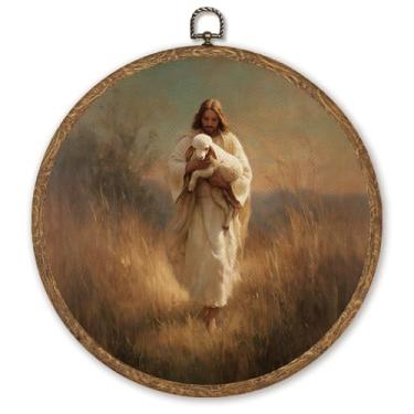 Imagem de Jesus Wall Art Decor, The Good Shepherd Christian Round Hanging Artwork, impressões em tela de fé religiosa para sala de estar, quarto, sala de oração, 25,4 cm, decoração redonda para pendurar na