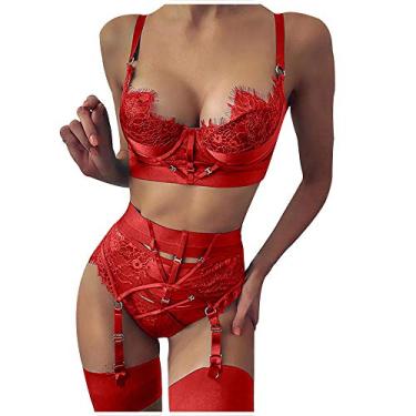 Imagem de 3FLQOOPP Roupa de dormir feminina, lingerie sexy, roupa íntima com renda, conjunto de tanga liga-liga (vermelho X)