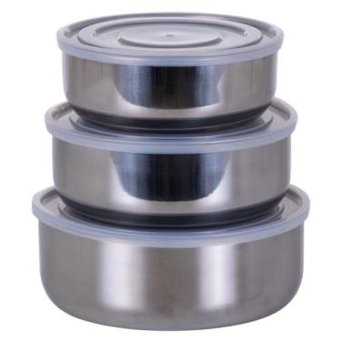 Imagem de Kit 3 Potes De Aço Inox Com Tampa Alta Vedação Trio Pote Grande Médio 