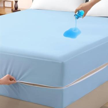 Imagem de Protetor de colchão King Size – Capa com zíper 100% impermeável, 38 cm de profundidade, revestimento de colchão de seis lados para cama, estilo de fecho de zíper (azul claro)