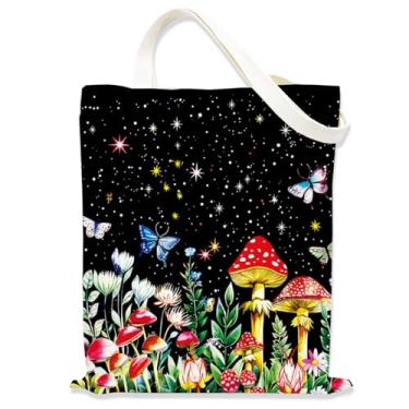 Imagem de Céu estrelado de cogumelo, bolsa estética para mulheres, meninas, bolsas de pano com alças, sacola temática de fantasia, sacolas fofas para mulheres, bolsa de compras reutilizável para viagens
