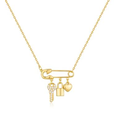 Imagem de YUJIE Colar feminino de segurança banhado a ouro 14 K – Colar com pingente de coração e chave de cadeado delicado, corrente de ouro em camadas moderna, presente para ela