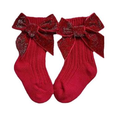 Imagem de Meias De Algodão Para Bebês Meninas Com Laço Vermelho, Aquecedores De 