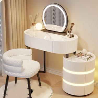 Imagem de Mesa pequena com espelho de LED ajustável e luzes, mesa de maquiagem com gavetas, conjunto completo para quarto, inclui cadeira e 3 modos de luz