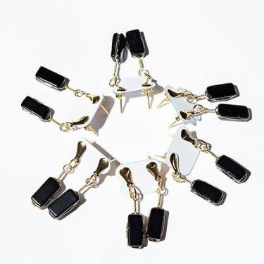 Imagem de 05 Brinco Pedra Obsidiana Negra Retângulo Ranhurado Dourado - Cristais