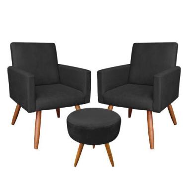 Imagem de Kit 02 Poltronas com 01 Puff Larissa Suede Pés Palito Castanho D'Rossi