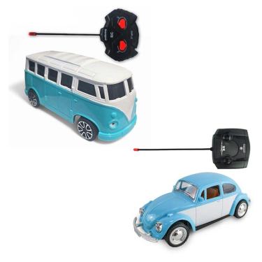 Imagem de Kit Carrinho De Controle Remoto Fusca E Perua Clássicos Azul