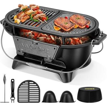 Imagem de VIVOHOME Grelha oval de ferro fundido com grades e chapa intercambiáveis, 2 portas de forno para controle de calor, inclui luvas, pôquer e capa resistente a UV