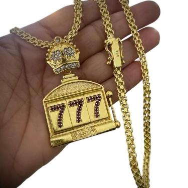 Imagem de Cordão 5Mm Cadeado Duplo + Pingente 777 - Banhado A Ouro