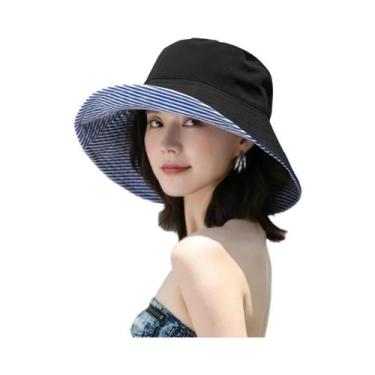 Imagem de Chapéu Bucket Feminino Listrado Dupla Face Com Aba Larga Dobrável Para
