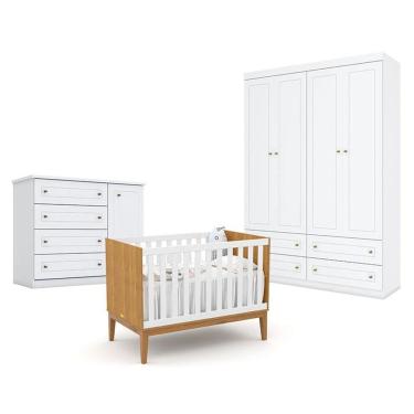 Imagem de Quarto de Bebê Americano 4 Portas com Berço Americano Unique Freijó Branco Soft  Eco Wood - Matic - Henn