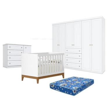 Imagem de Quarto de Bebê Americano 6 Portas com Berço Americano Flip Branco Acetinado Reller e Colchão Ortobom - Henn