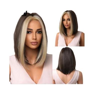 Imagem de Peruca Sintética Marrom Castanho Com Franja Central E Mechas Vermelho 