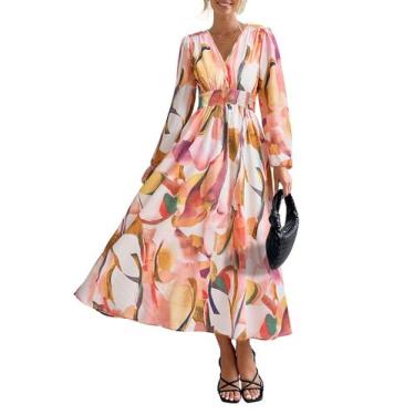 Imagem de Vestido Midi Floral PRETTYGARDEN com Decote V e Manga Longa Rosa Taman
