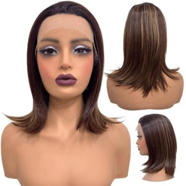 Imagem de Peruca front lace media curta 13x1 castanho luzes R4/33/27 - LIONSWIG