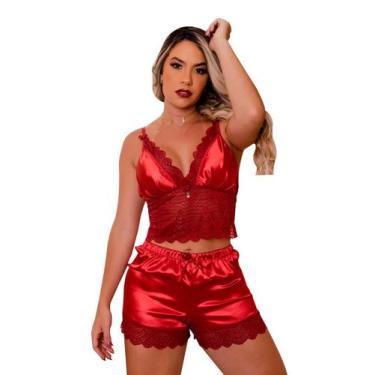 Imagem de Baby Doll Feminino Curto Pijama Cetim Renda Toque Aveludado - Universo