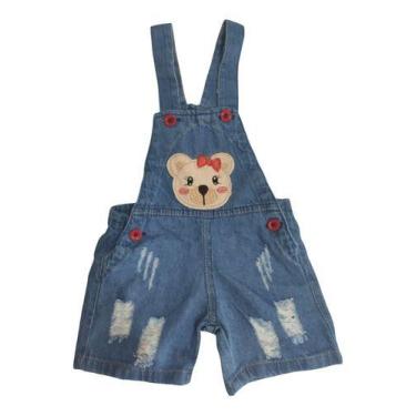 Imagem de Macacão Infantil Menina Jeans Ursinha Verão Praia - Pequenos Encantos 