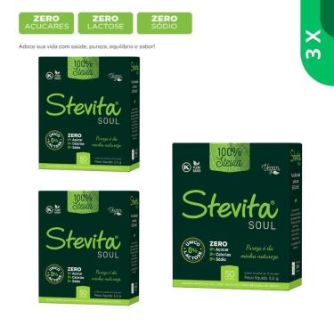 Imagem de ADOÇANTE DIETÉTICO 100% NATURAL ZERO AÇÚCAR STEVIA SOUL- Sachês 50 70mg  - KIT COM 3 