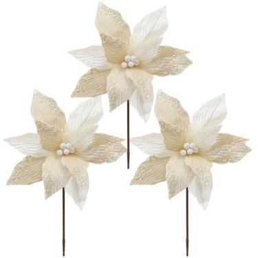 Imagem de Kit 3 Flores Bico de Papagaio Natalina Luxo Branco Cristal e Creme Tecido Frisado Lantejoulas Furta-Cor 36cm