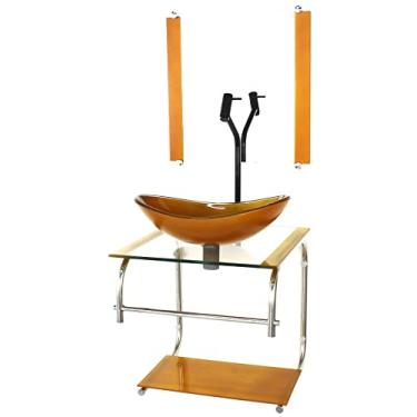 Imagem de GABINETE DE VIDRO CUBA OVAL 40CM INOX DOURADO REAL COM TORNEIRA PRETA