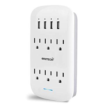 Imagem de oviitech 6 extensores de tomada com 4 portas de carregamento USB (total de 4,2 A), plugues de tomada de montagem na parede, protetor contra surtos de parede de 900 Joules e suporte de telefone